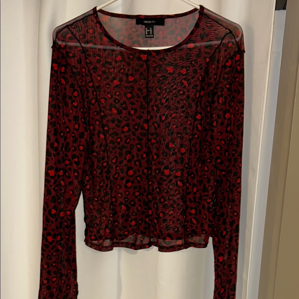 Forever 21 Black and Red Leopard Sheer Fitted Blouse